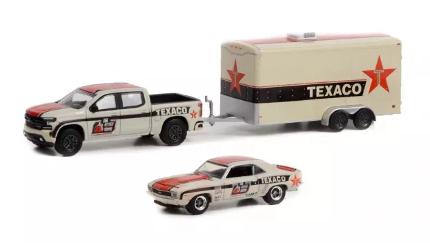 Greenlight Chevrolet Silverado Pick-up 2021 With Trailer + Camaro Rs Texaco Coupe 1969 1:64 31140C