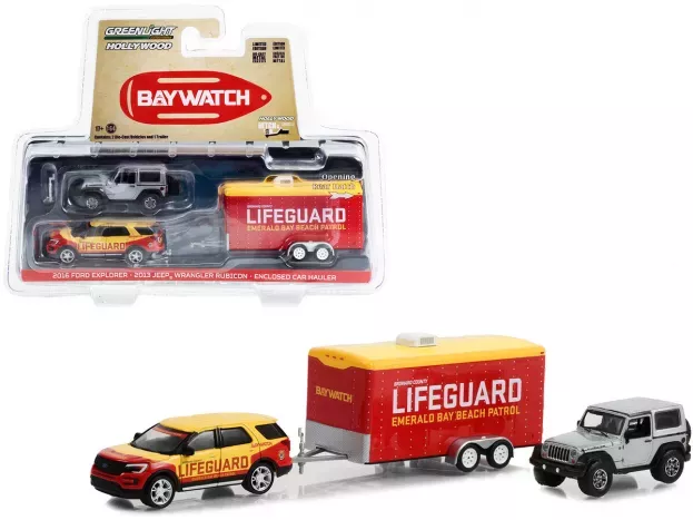 Greenlight Ford Explorer 2016 + Jeep Wrangler Rubicon 2013 With Trailer Lifeguard 1:64 31150B