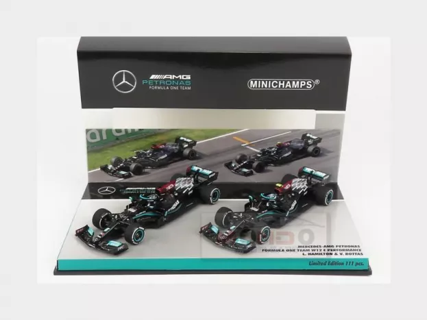 Minichamps Mercedes F1 Set 2x W12 Mercedes M12 Eq Power+ Team Amg Petronas Motorsport Formula One N 44 Season 2021 Lewis Hamilton + N 77 Season 2021 Valtteri Bottas 1:43 413214477