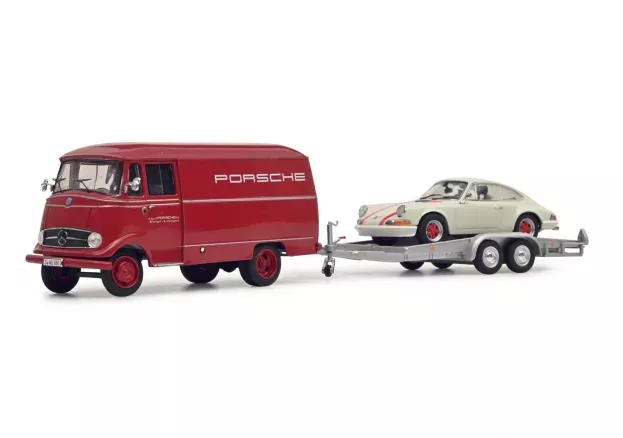 Schuco Mercedes L319 Van Porsche 1963 + Trailer Car Transporter Porsche 911 1:43 450249900