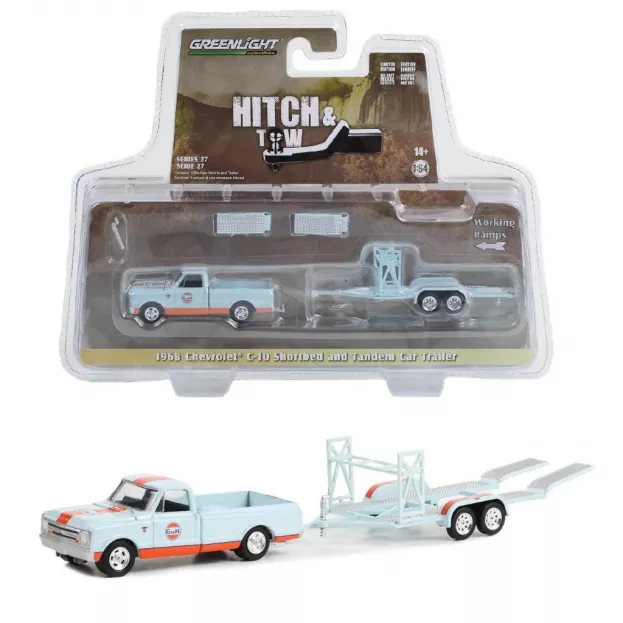 Greenlight Chevrolet C-10 Pick-up Gulf 1968 With Trailer Car Transporter 1:64 32270A
