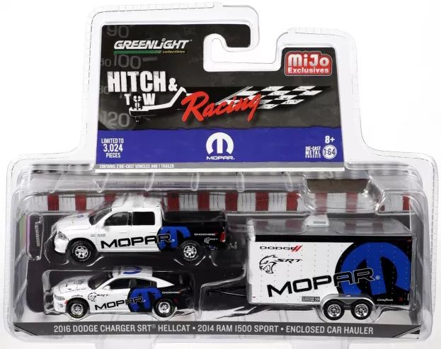 Greenlight Dodge Ram 1500 Sport Pick-up Mopar 2014 With Trailer + Charger Srt Hellcat Mopar 2016 1:64 51061D