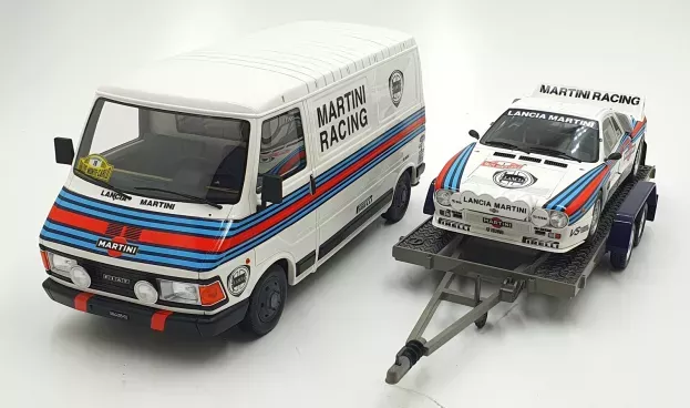 Ottomobile Lancia Rally Set 037 Team Martini Racing Gr.b night Version N 1 Winner Rally Montecarlo 1983 Walter Rohrl Christian Geistdorfer + Fiat 242 Van Assistance With Trailer 1:18 OT360