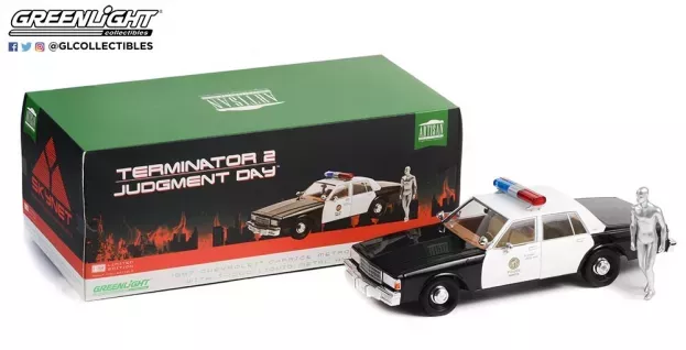 Greenlight Chevrolet Caprice Metropolitan Police 1987 Terminator 2 Movie 1991 The Judgment Day Il Giorno Del Giudizio With T-1000 Liquid Metal Android Figure 1:18 19105