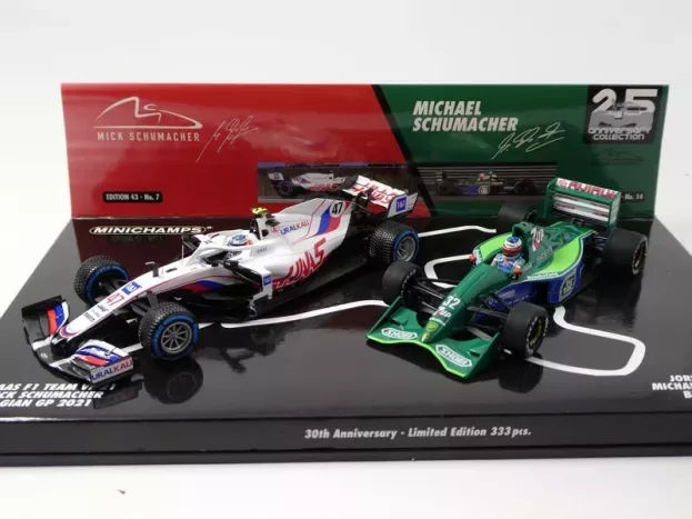 Minichamps Haas F1 Set 2x Vf-21 065 6 Team Uralkali N 47 Belgium Gp 2021 Mick Schumacher + Jordan 191 Ford N 32 First F1 Race Spa Belgium Gp 1991 Michael Schumacher 30th Anniversary 1:43 512213247