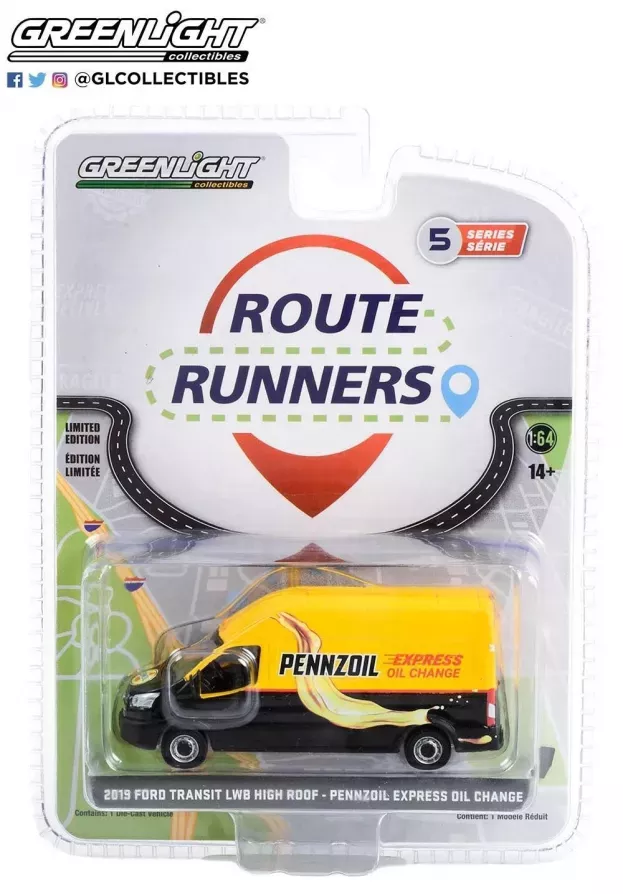 Greenlight Ford Transit Van Lwb High Roof Pennzoil Express Oil Change 2019 1:64 53050C