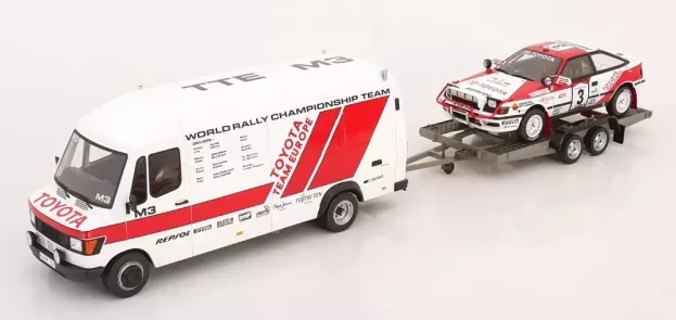 Ottomobile Toyota Rally Set Celica Gt-four St165 night Version N 3 Winner Rally Safari Rally 1990 Bjorn Waldegard Fred Gallagher + Mercedes Benz 208d Van Assistance Team Toyota 1988 With Trailer 1:18 OT480