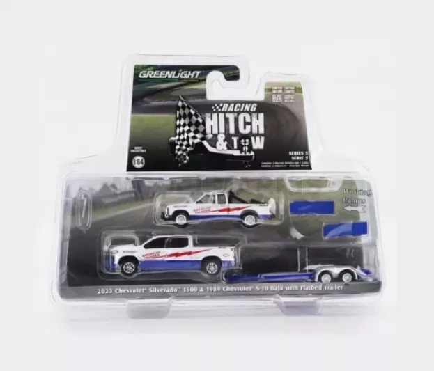 Greenlight Chevrolet Silverado 1500 Pick-up 2023 With Trailer + S-10 Pick-up Baja 1989 1:64 31170C