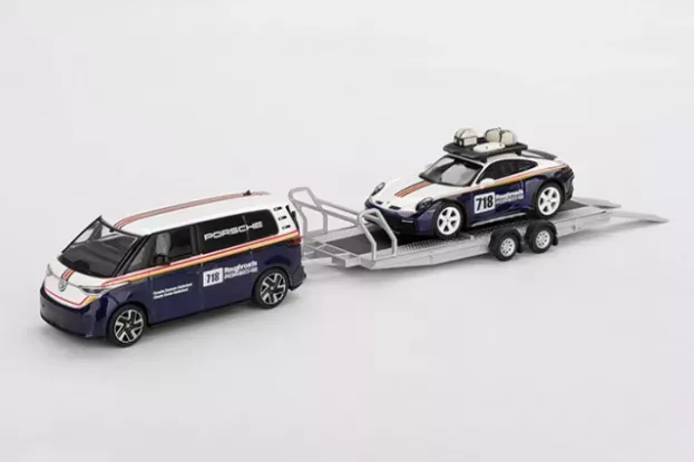 Mini GT Volkswagen Id.buzz Minibus 2024 With Trailer + 911 992 N 718 Rally Dakar Roughroads Coupe Porsche Centrum Gelderland 2025 1:64 MGTS0019