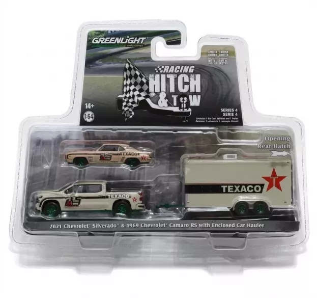 Greenlight Chevrolet Silverado Pick-up 2021 With Trailer + Camaro Rs Texaco Coupe 1969 1:64 31140C