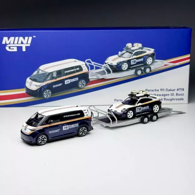 Mini GT Volkswagen Id.buzz Minibus 2024 With Trailer + 911 992 N 718 Rally Dakar Roughroads Coupe Porsche Centrum Gelderland 2025 1:64 MGTS0019