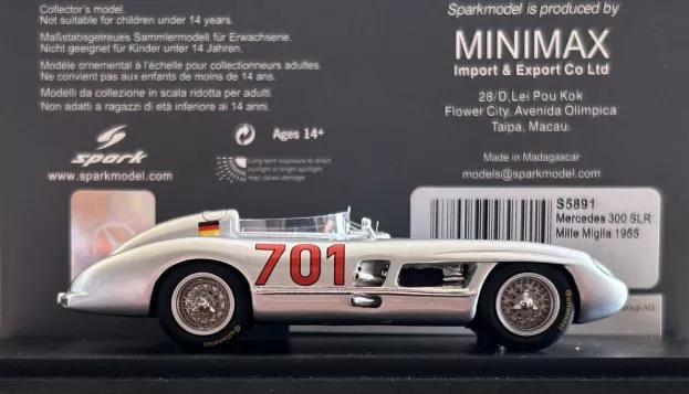 Spark Mercedes 300 Slr 3.0l S8 Team Daimler-benz Ag N 701 Mille Miglia 1955 K.kling 1:43 S5891