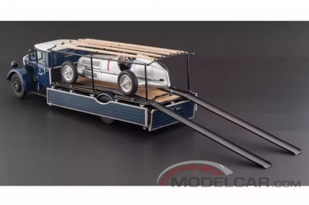 CMC Mercedes-Benz Racing Car Transporter LO 2750 Blue + W25 T-Car Silver Bundle 1:18 M-164