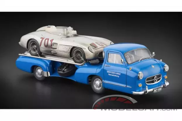 CMC Mercedes-Benz Racing Car Transporter The blue Wonder and 300 SLR 701 Dirty Hero Bundle 1:18 M-163